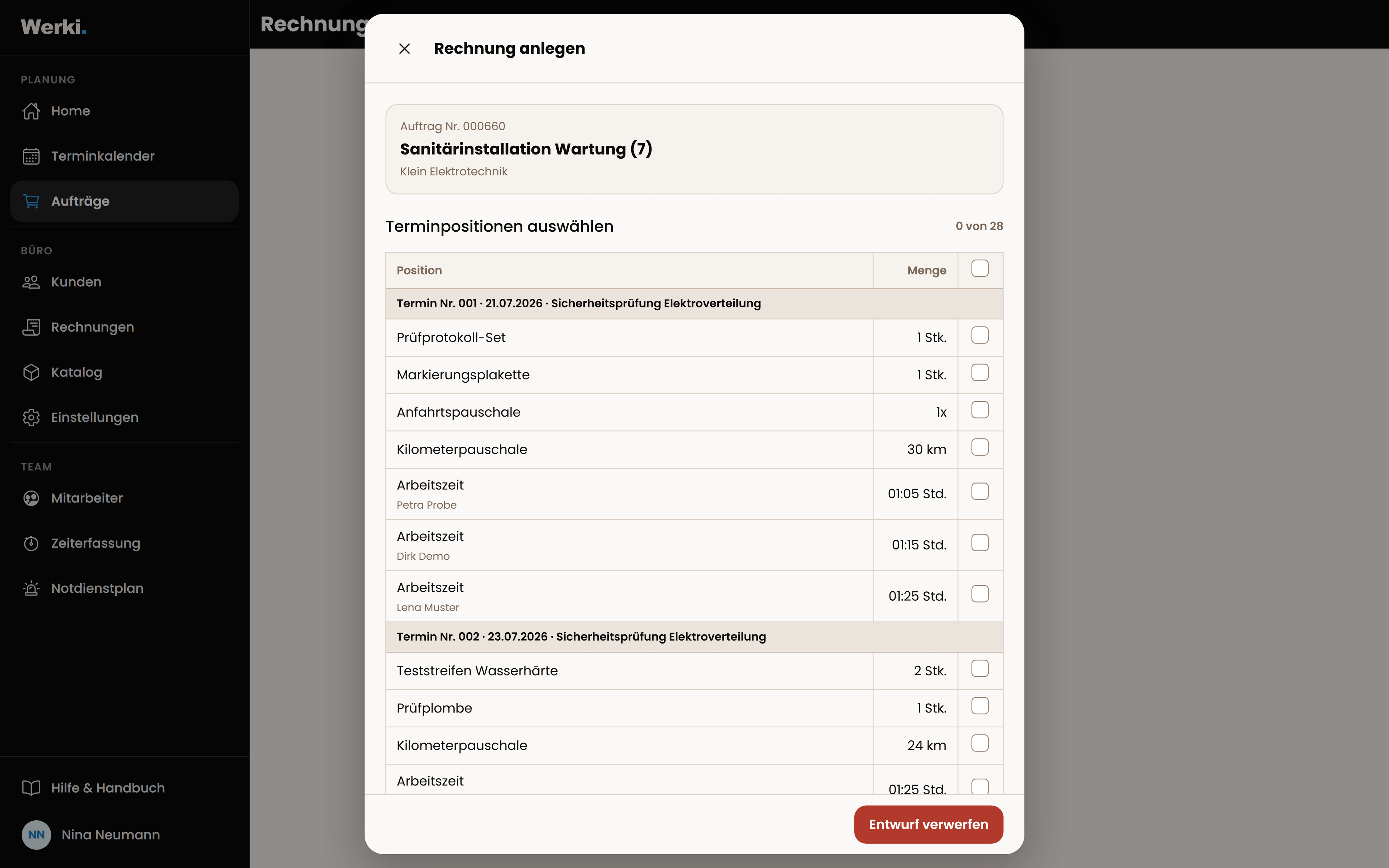 Rechnungserstellung in Werki mit Auswahl der Auftragspositionen