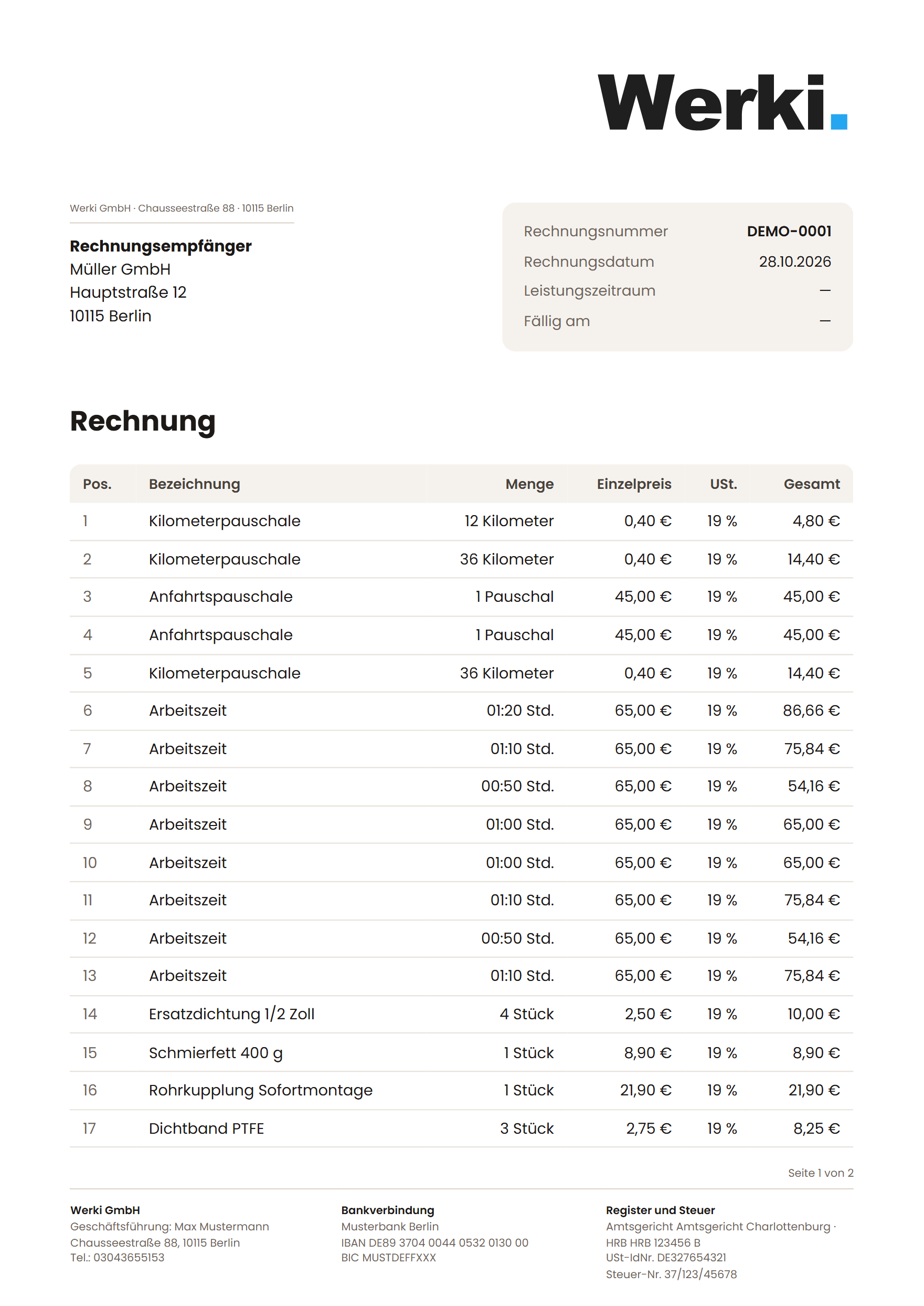 Fertige Rechnung als PDF mit Firmenlogo, Empfängeradresse, Positionstabelle und Fußzeile mit Bank- und Steuerangaben
