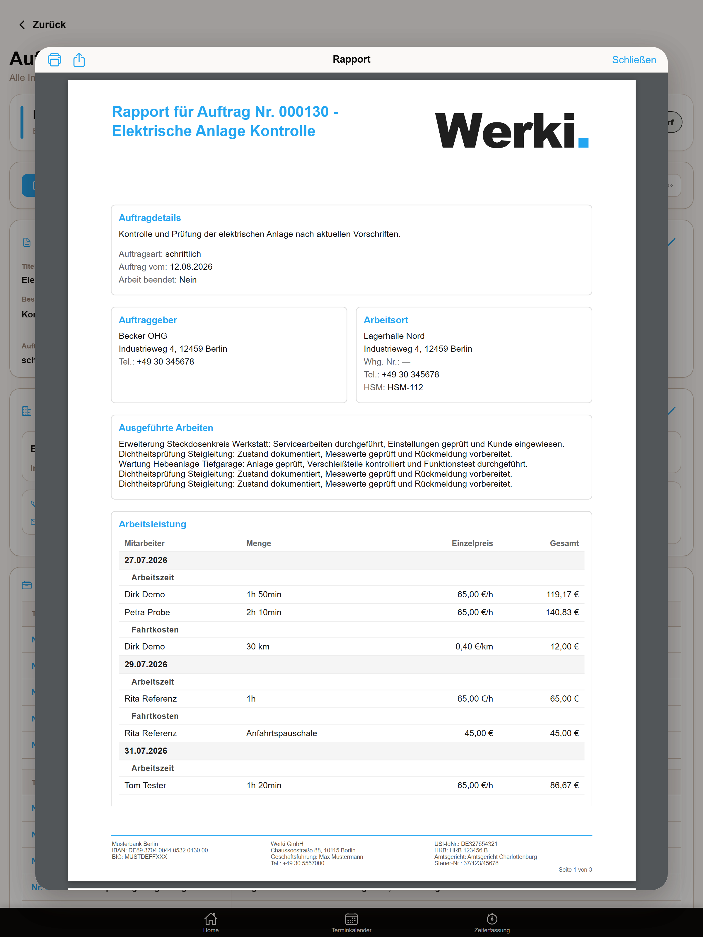 Kopfbereich eines Werki-PDFs mit Firmenlogo, Anschrift, Bankverbindung und Steuernummer