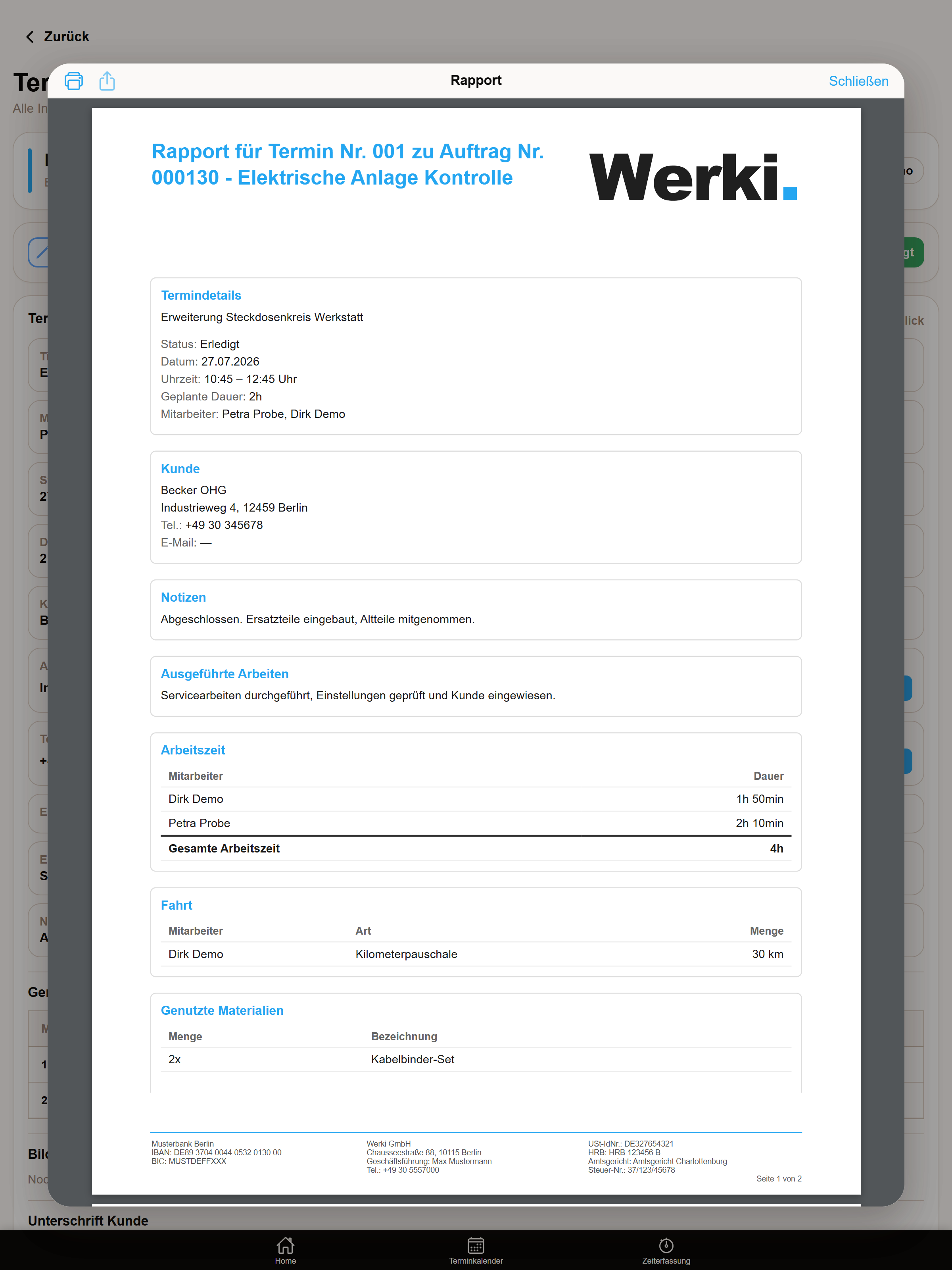 Teilen-Dialog in Werki, um den fertigen Arbeitsnachweis zu drucken oder per Mail zu versenden